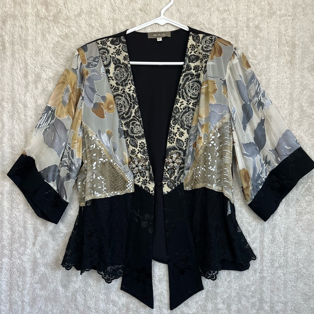 SA2 Vintage Spencer Alexis  Women's Floral Mixed Media Kimono Jacket Black Gold